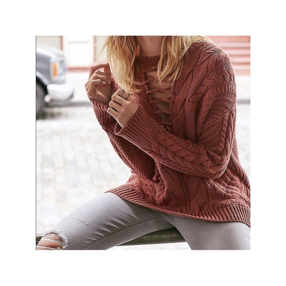 Express Lace-Up Cable Knit Sweater XS Rust Boho Cozy Cotton Blend